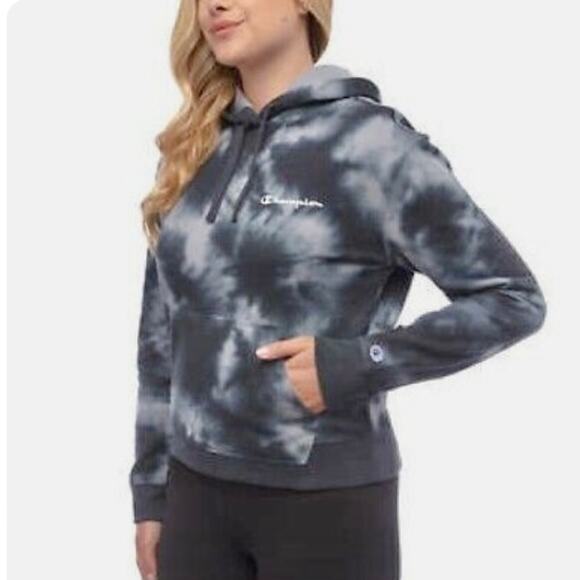 Women’s medium Tie Dye Hoodie, Champion black gray embroidered logo pullover - Picture 2 of 8